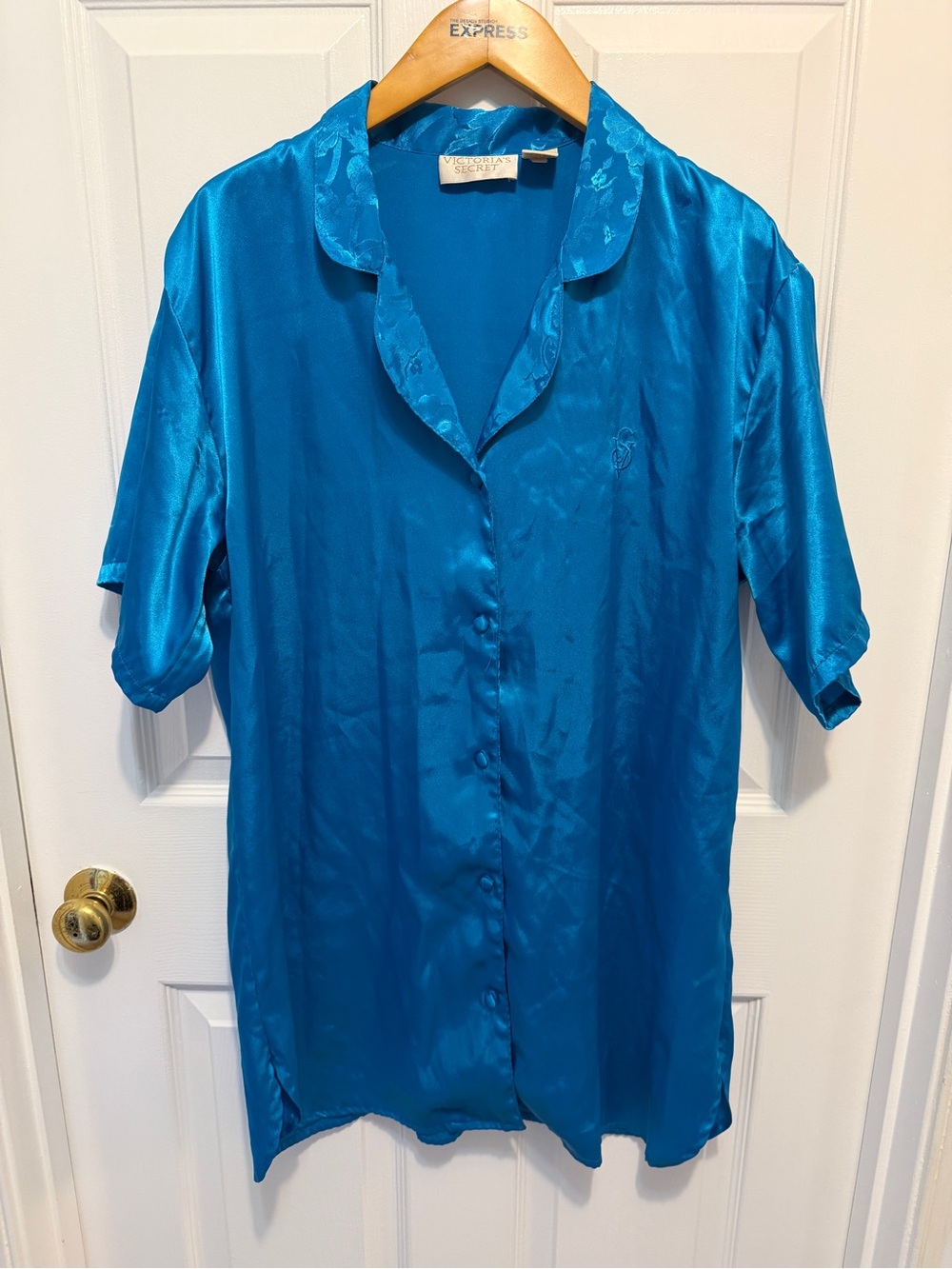 Vintage Victoria's Secret Blue Satin Button-Up Sleep Shirt